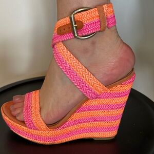 Stuart Weitzman Neon Pink & Neon Orange Woven Wedge Sandals